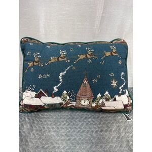 Newport Christmas Tapestry Reindeer Village Throw Pillow Green Velvet Back